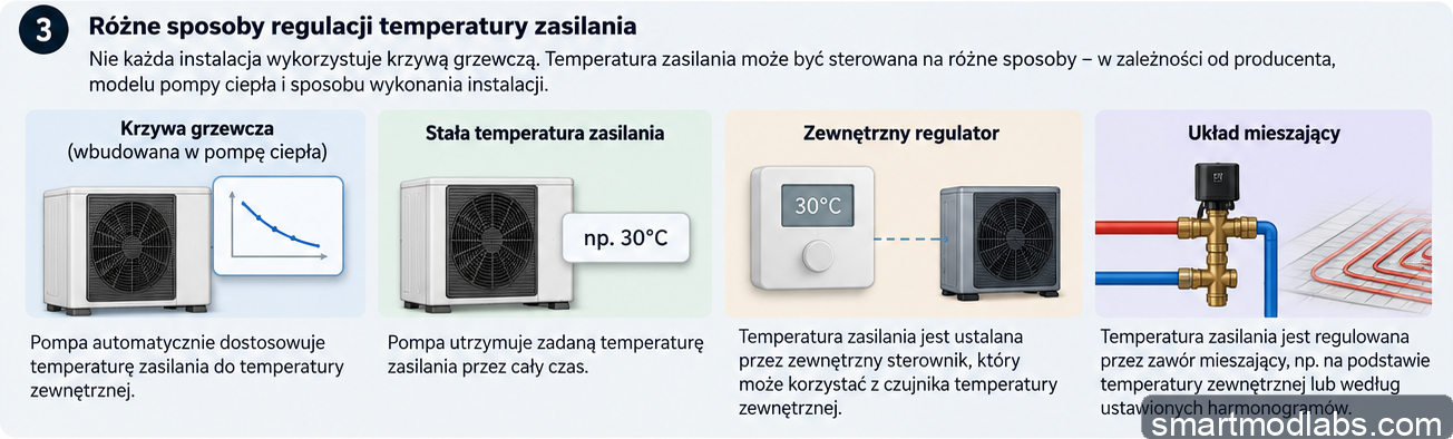 Infografika przedstawiająca różne sposoby regulacji temperatury zasilania ogrzewania podłogowego
