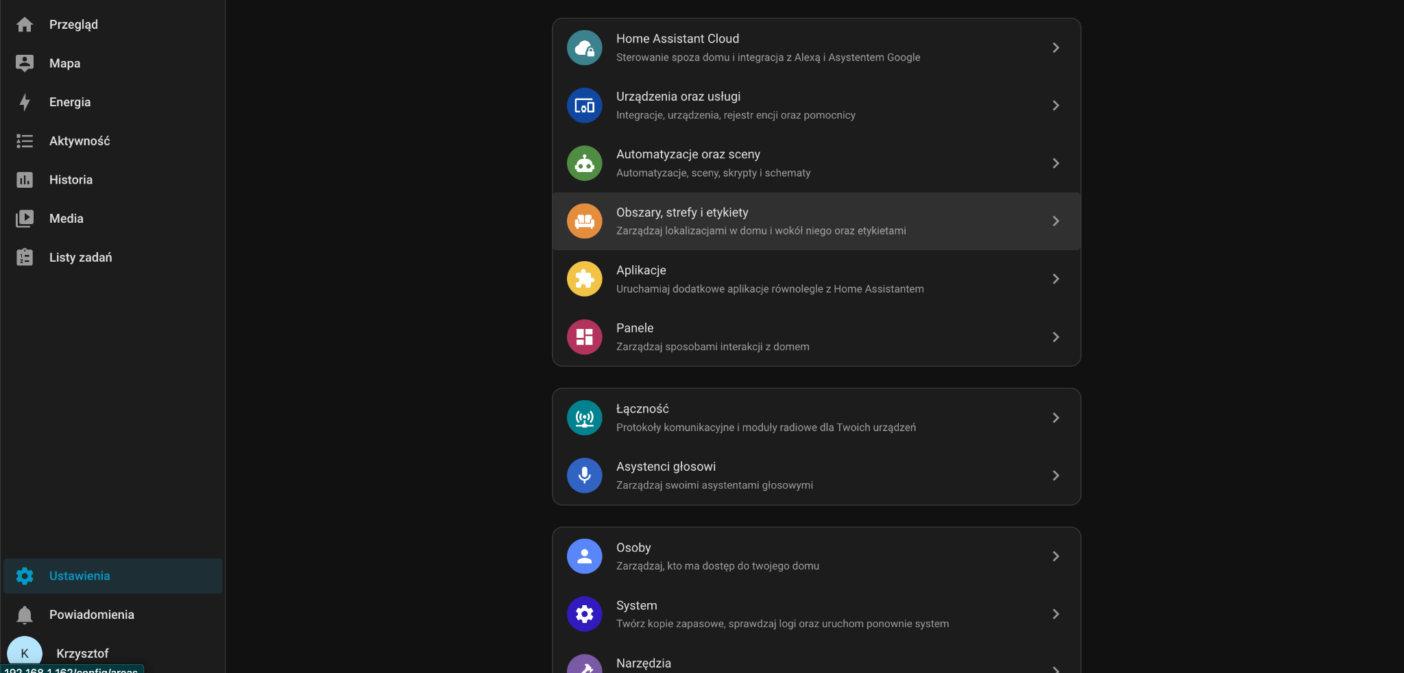 Ekran Ustawienia Home Assistant z sekcją Aplikacje