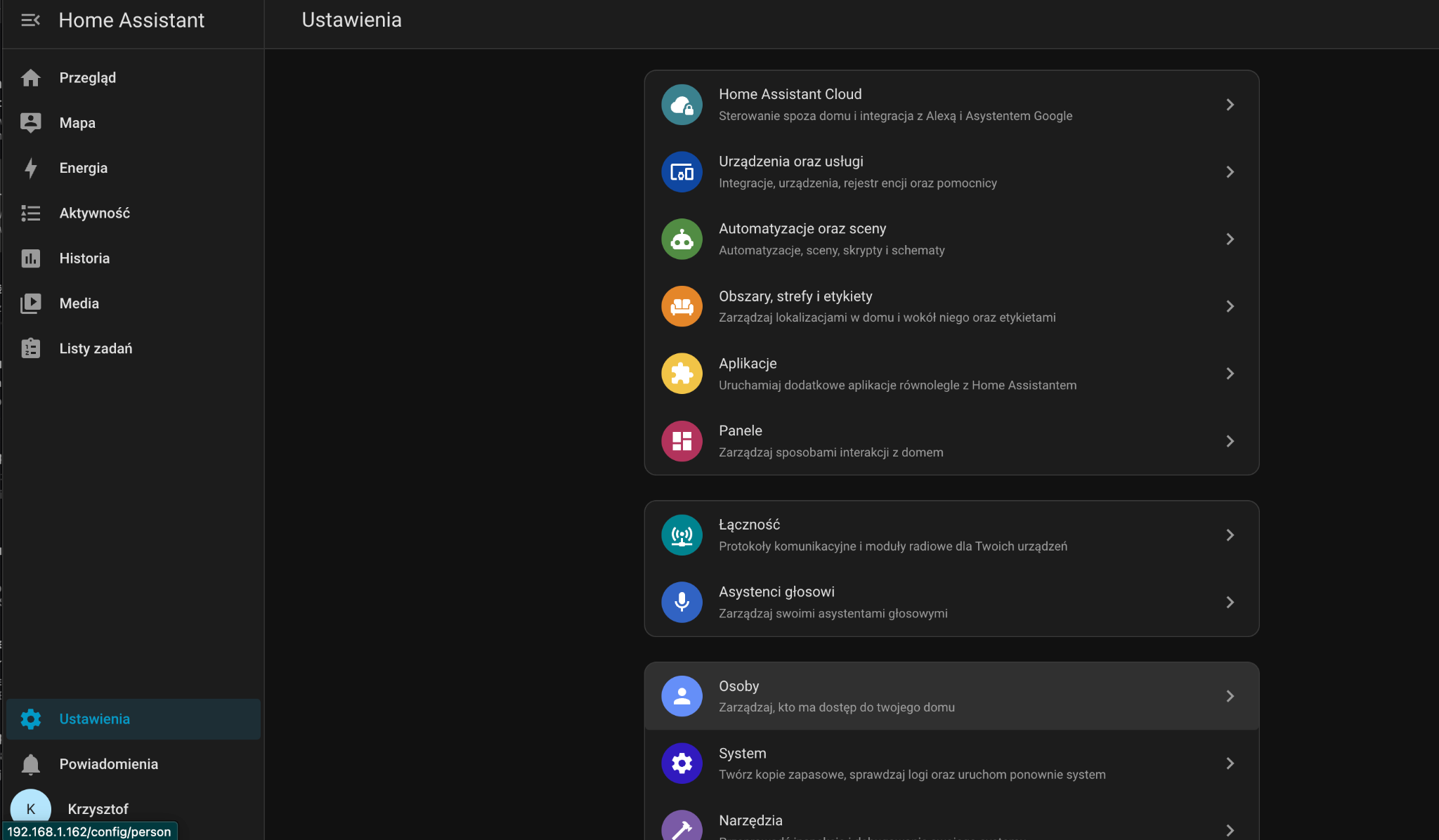 Ekran Ustawienia Home Assistant z sekcją Osoby