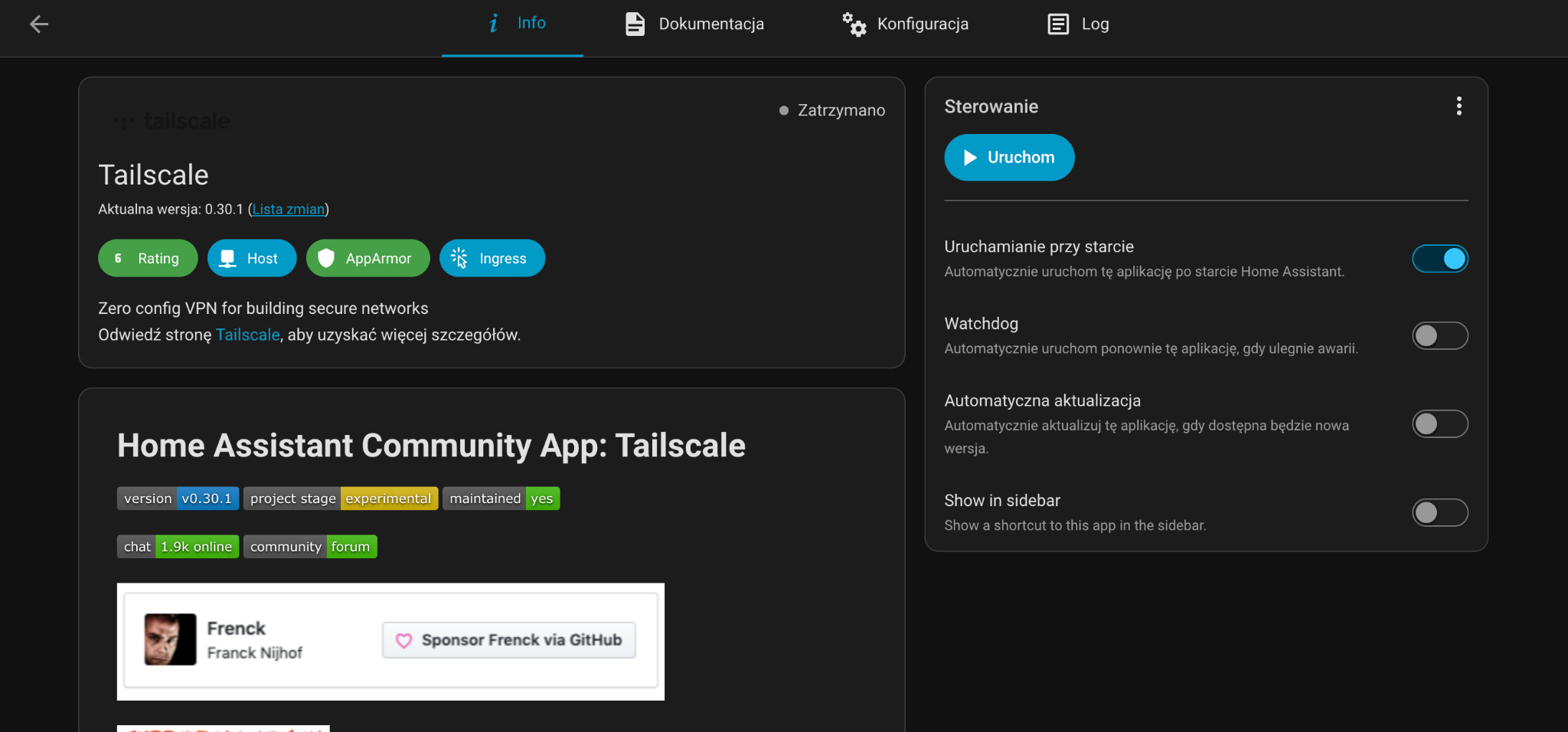 Panel konfiguracji aplikacji Tailscale w Home Assistant