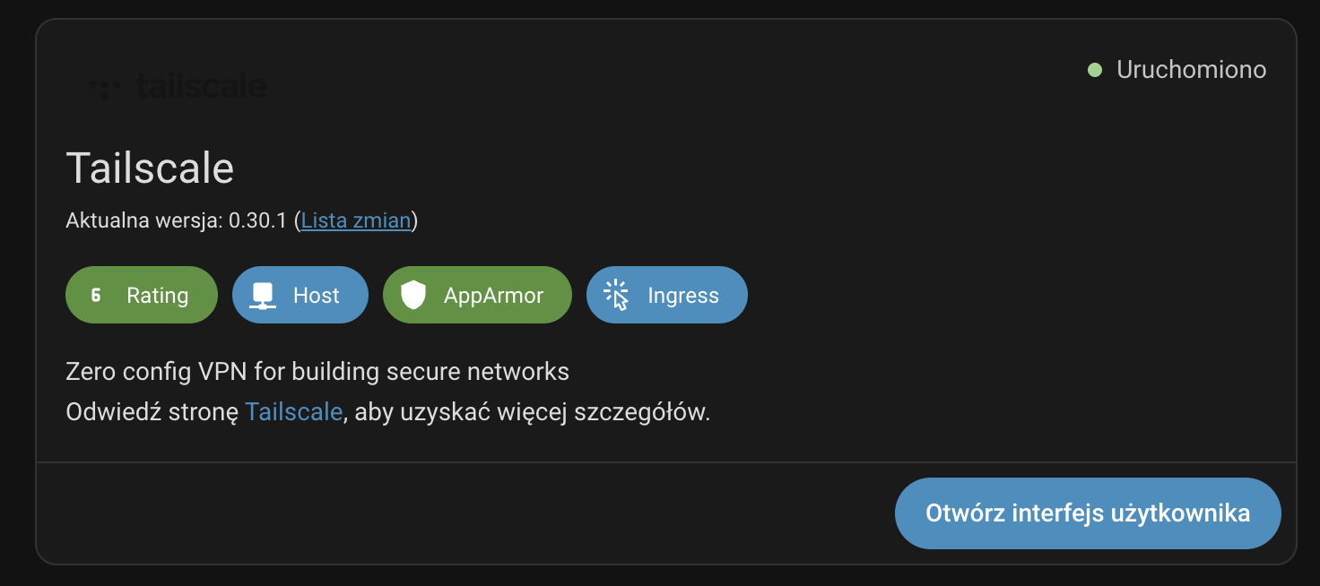 Panel aplikacji Tailscale z przyciskiem Otwórz interfejs użytkownika