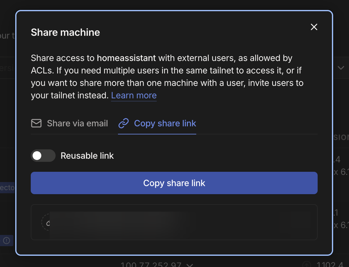 Okno Share machine w Tailscale z wyłączoną opcją Reusable link i rozmytym jednorazowym linkiem