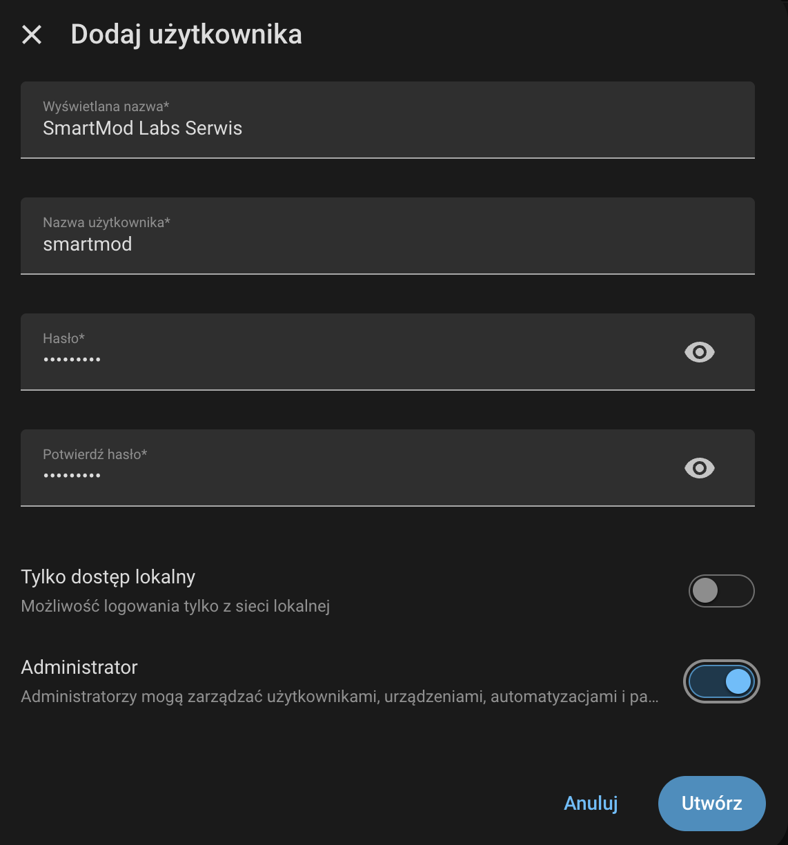 Formularz dodawania użytkownika SmartMod Labs Serwis w Home Assistant
