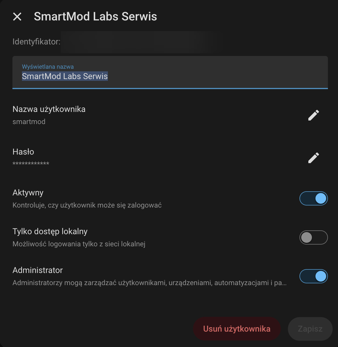 Bezpiecznie zredagowany ekran konta SmartMod Labs Serwis w Home Assistant