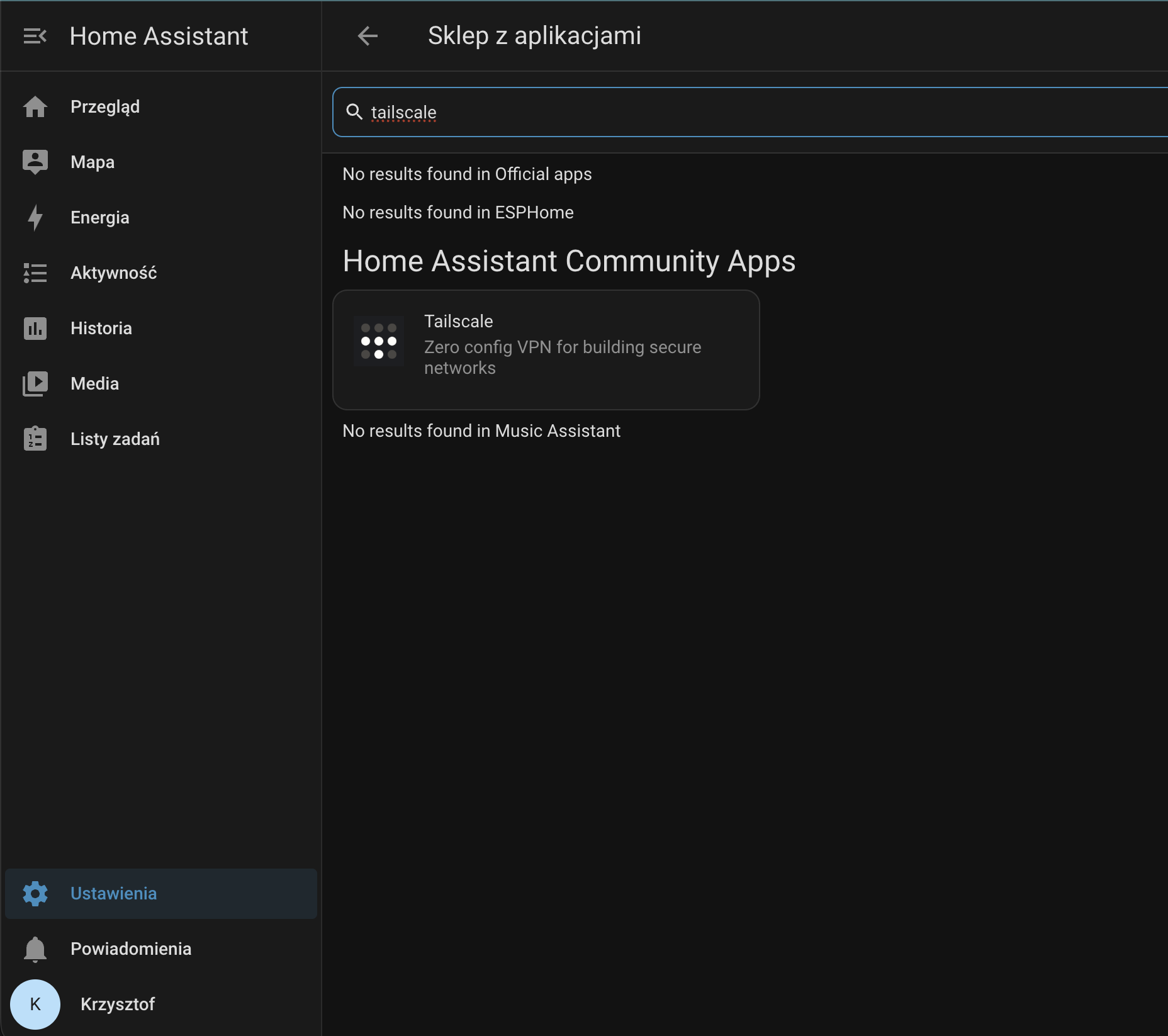 Sklep aplikacji Home Assistant z wyszukiwaniem aplikacji Tailscale